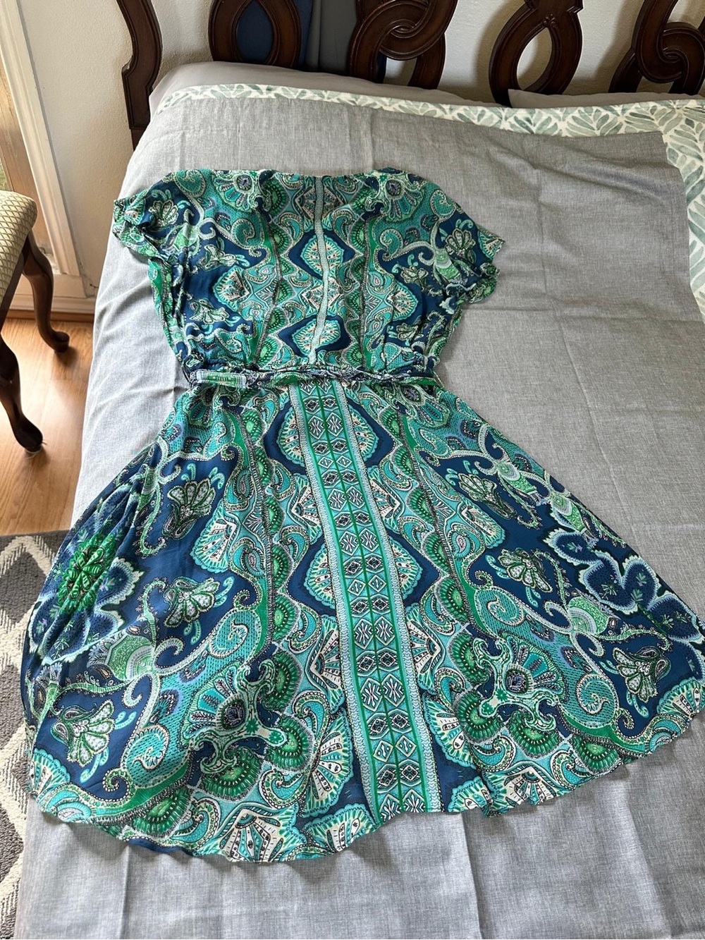 Hale Bob Sz S Navy and Teal Paisley V-Neck Dress - Picture 4 of 4